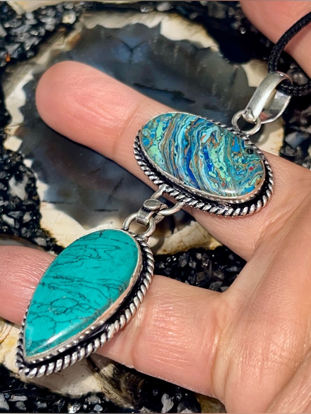 Petite Blue Green Rainbow Calsilica Pendant 3 1/4”
